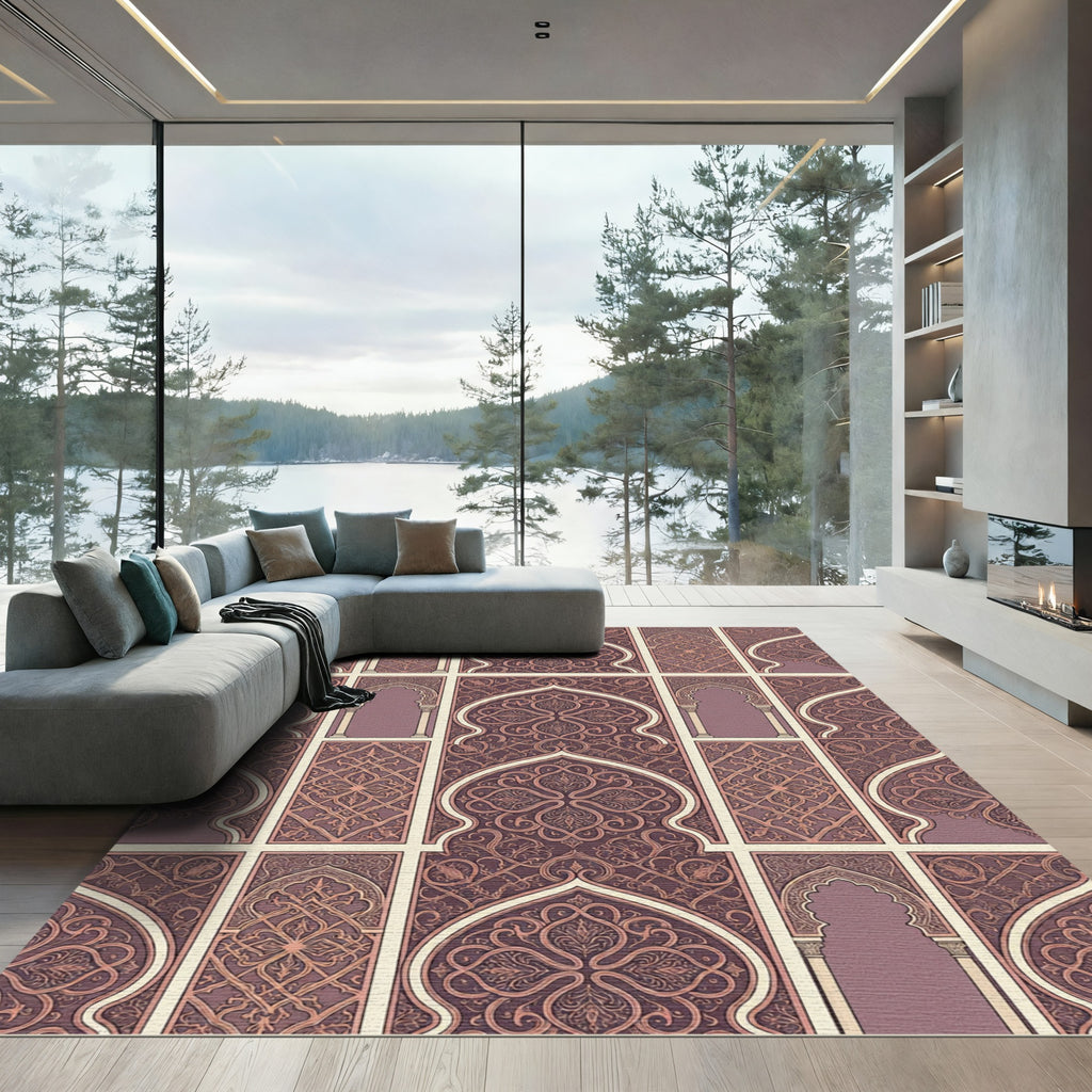 Arabesque Archway Mauve Damask Tile Rug