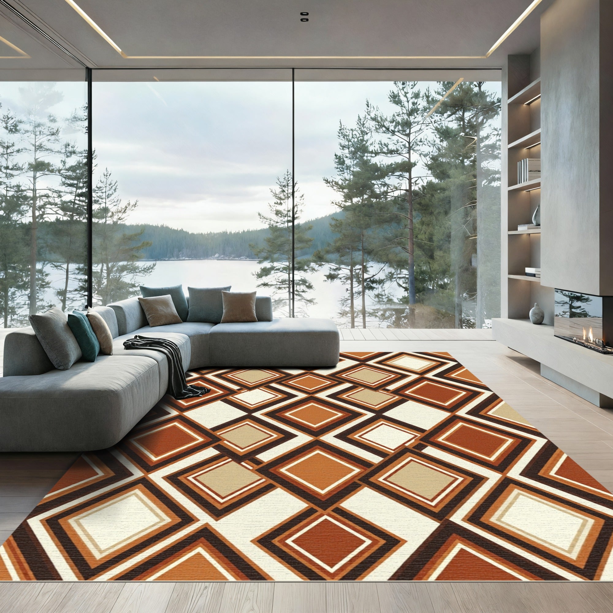 Midcentury Modern Terracotta Geometric Diamond Rug