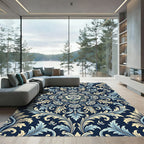 Elegant Navy Blue Rose Damask Medallion Rug