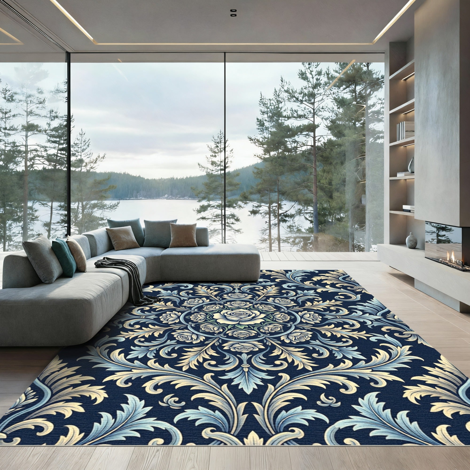 Elegant Navy Blue Rose Damask Medallion Rug