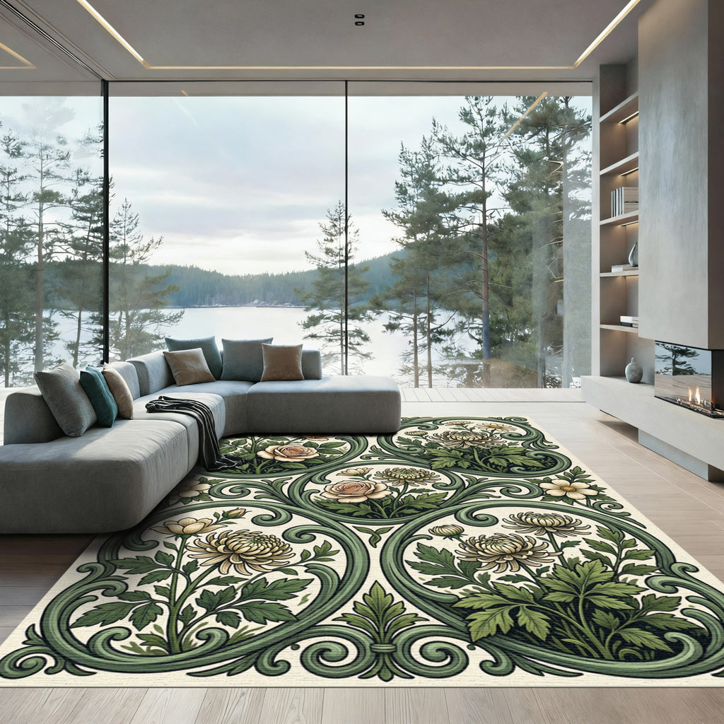 Sage Green Floral Filigree Scroll Elegant Rug