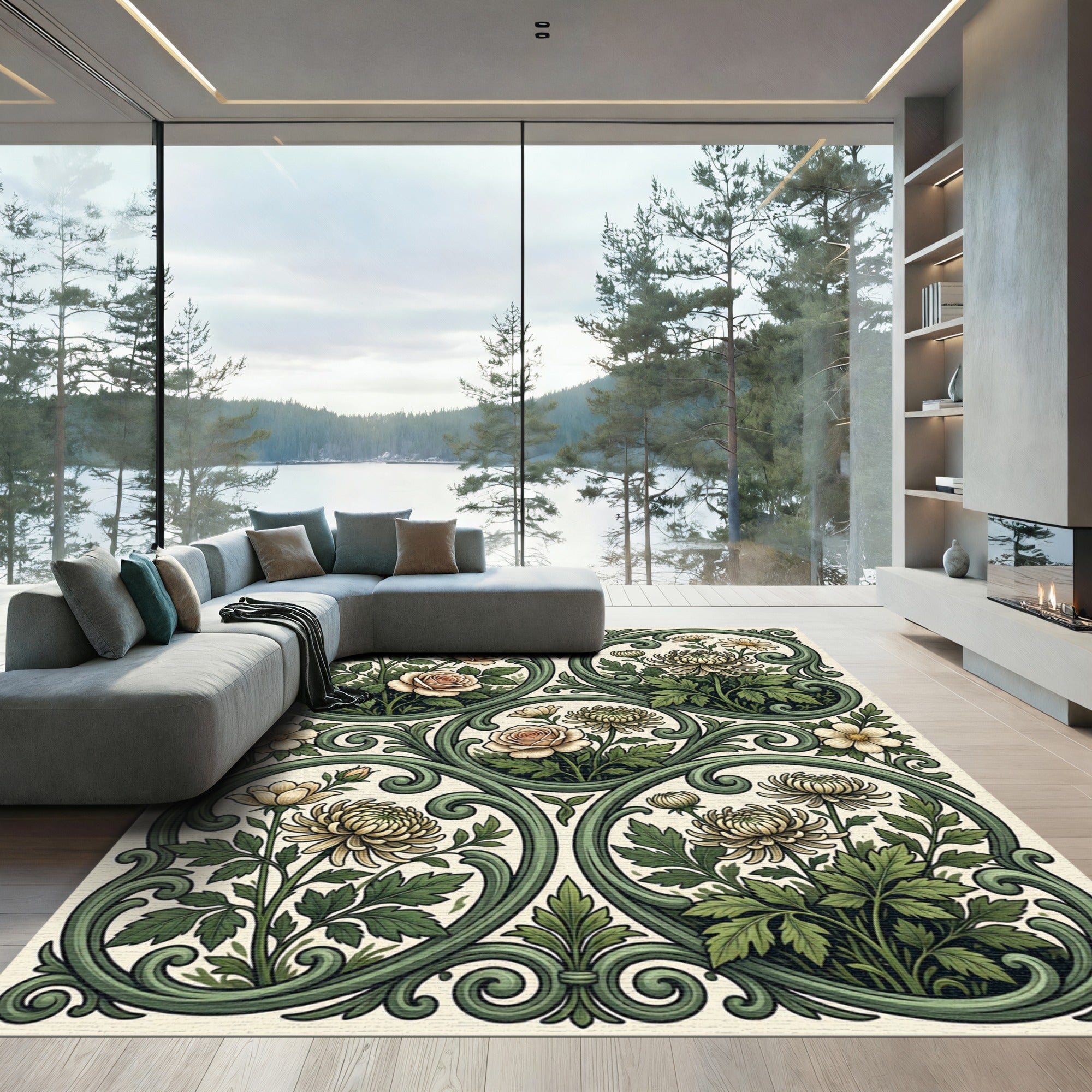 Sage Green Floral Filigree Scroll Elegant Rug