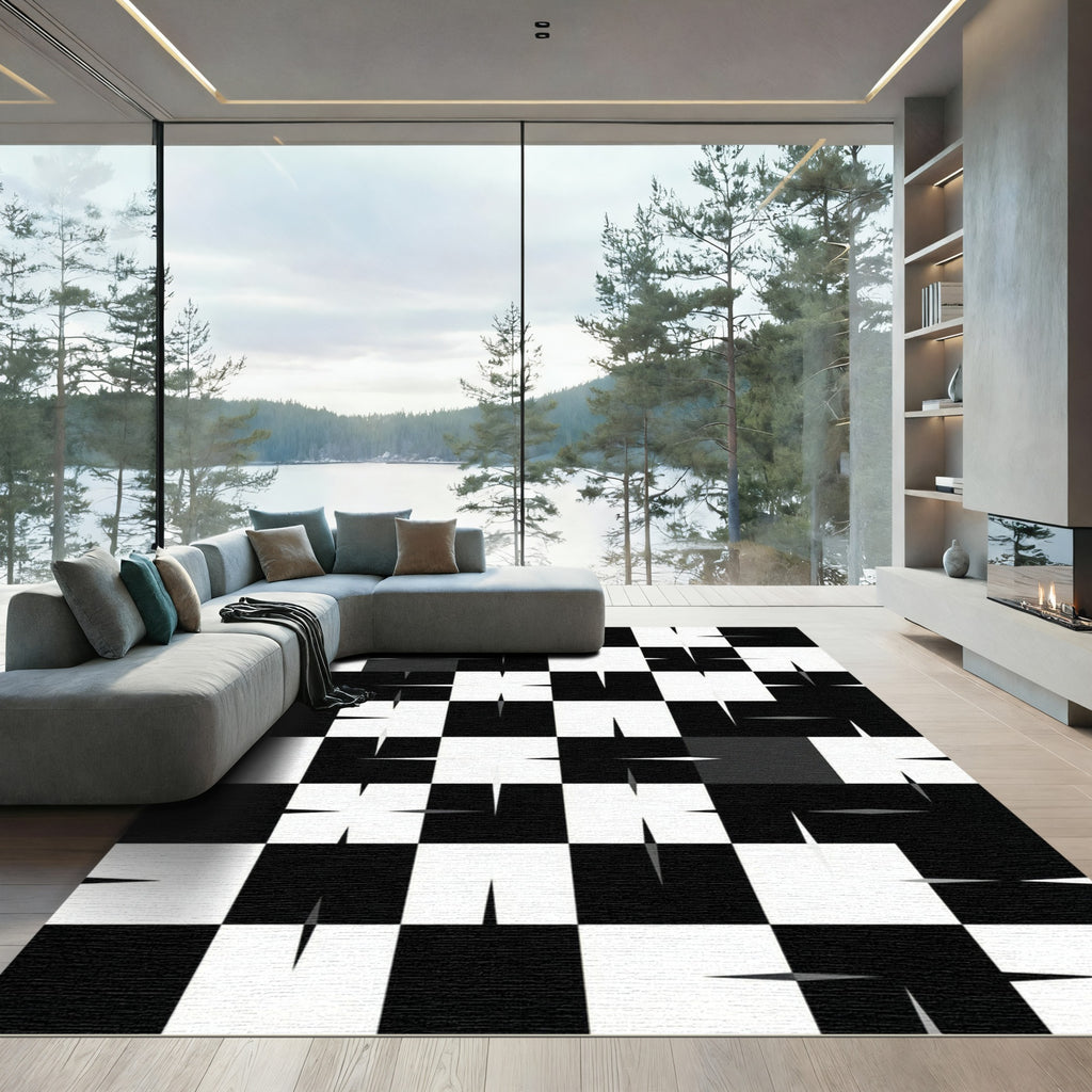 Black White Checkerboard Starburst Rug