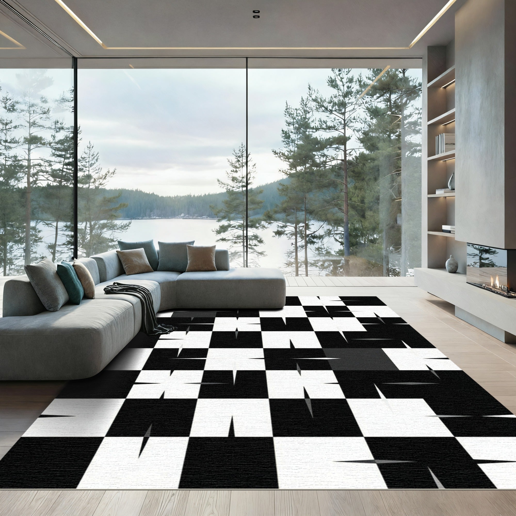Black White Checkerboard Starburst Rug