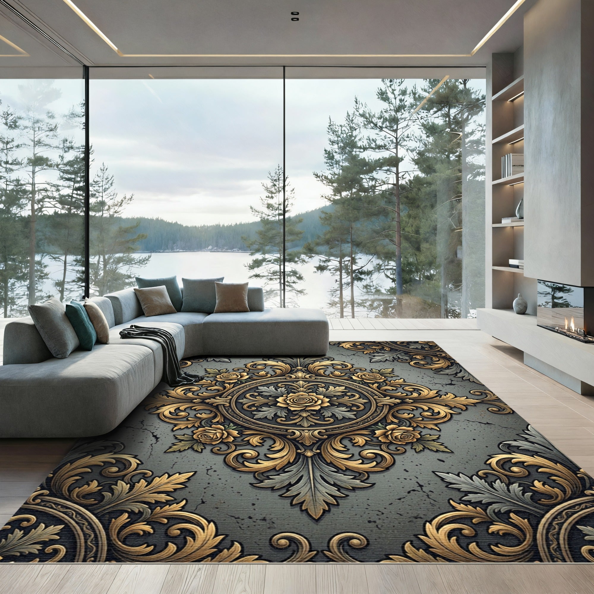 Antique Gold Floral Scroll Gray Rug