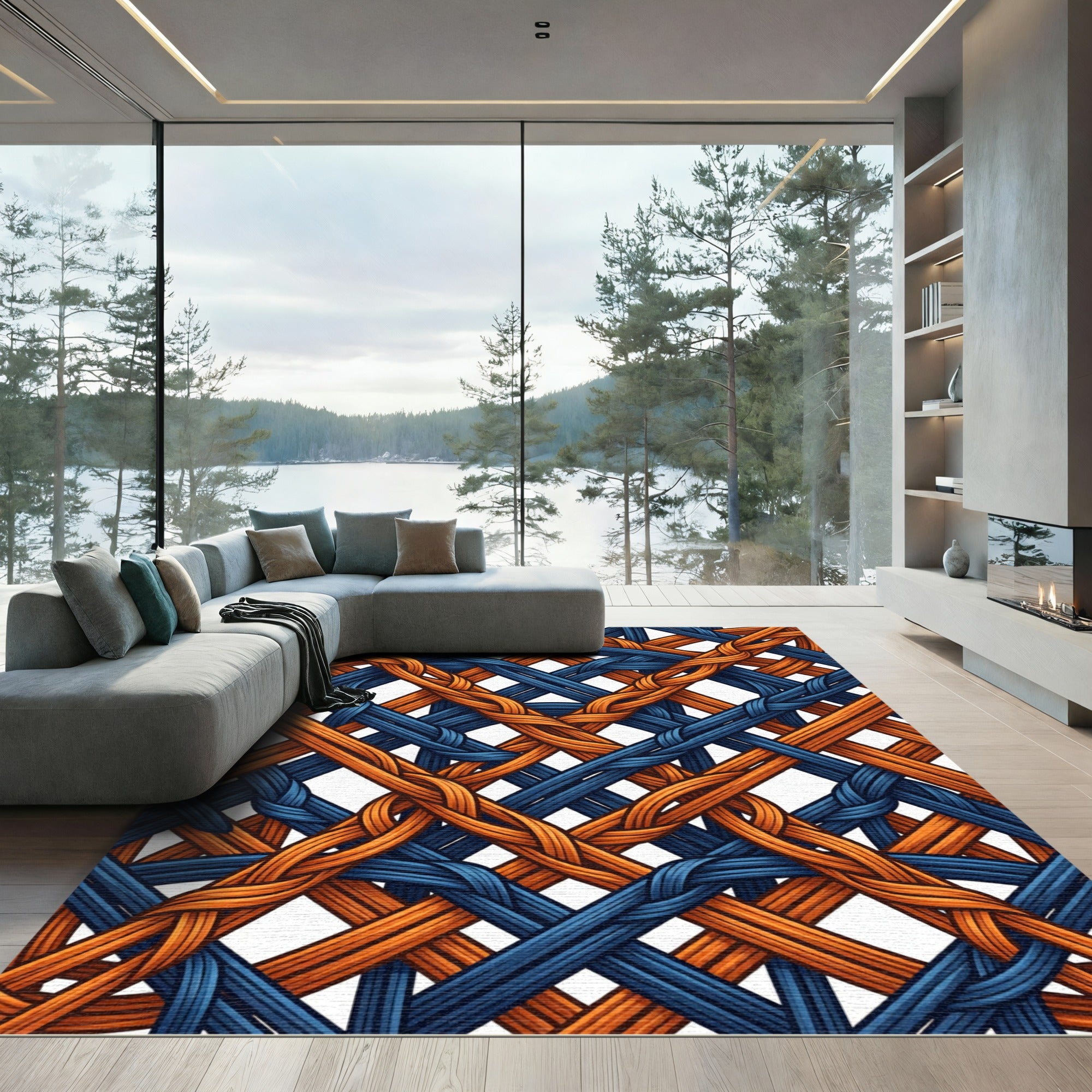Interwoven Navy and Amber Braided Grid Rug