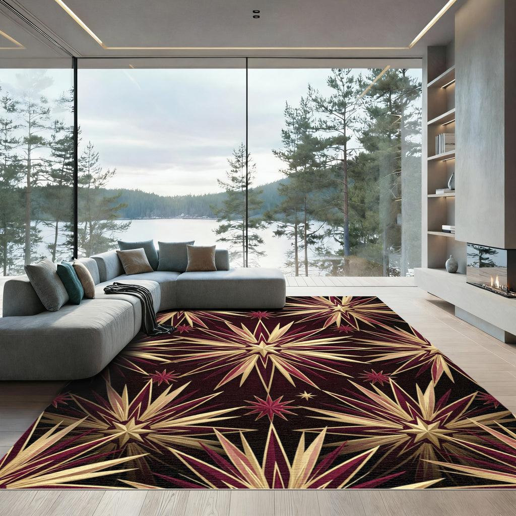 Metallic Gold Burgundy Radiant Starburst Rug