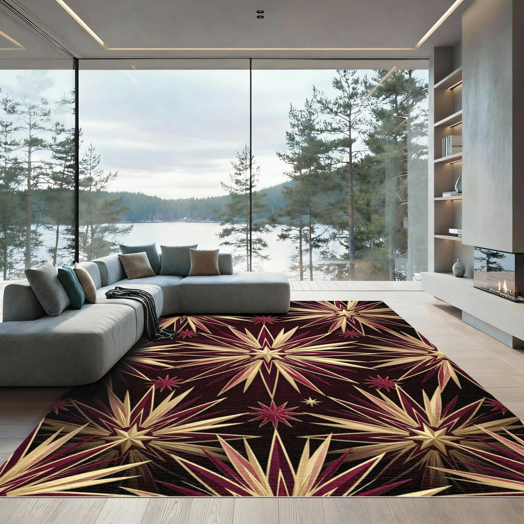Metallic Gold Burgundy Radiant Starburst Rug