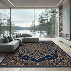 Navy Gold Embellished Paw Mandala Rug