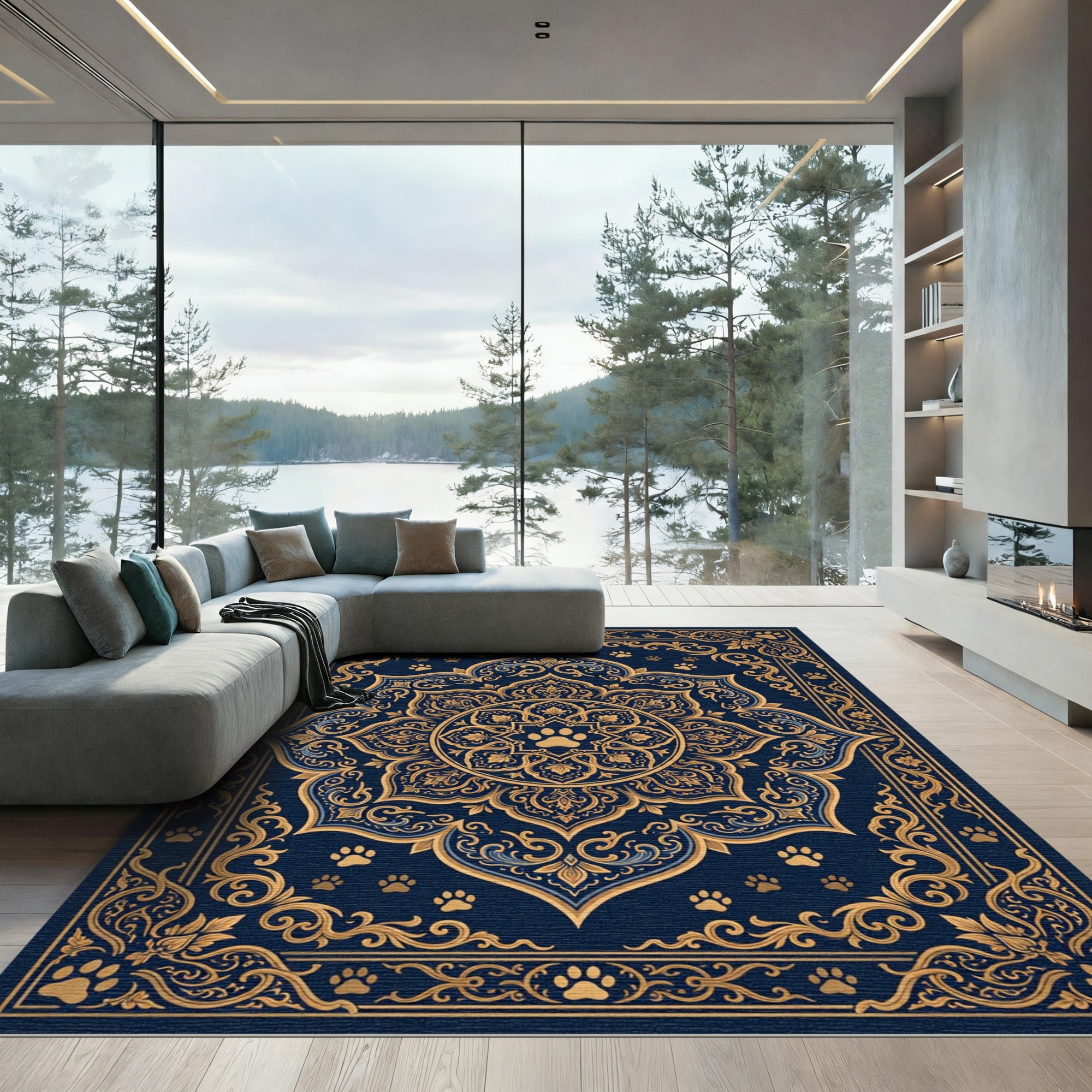 Navy Gold Embellished Paw Mandala Rug