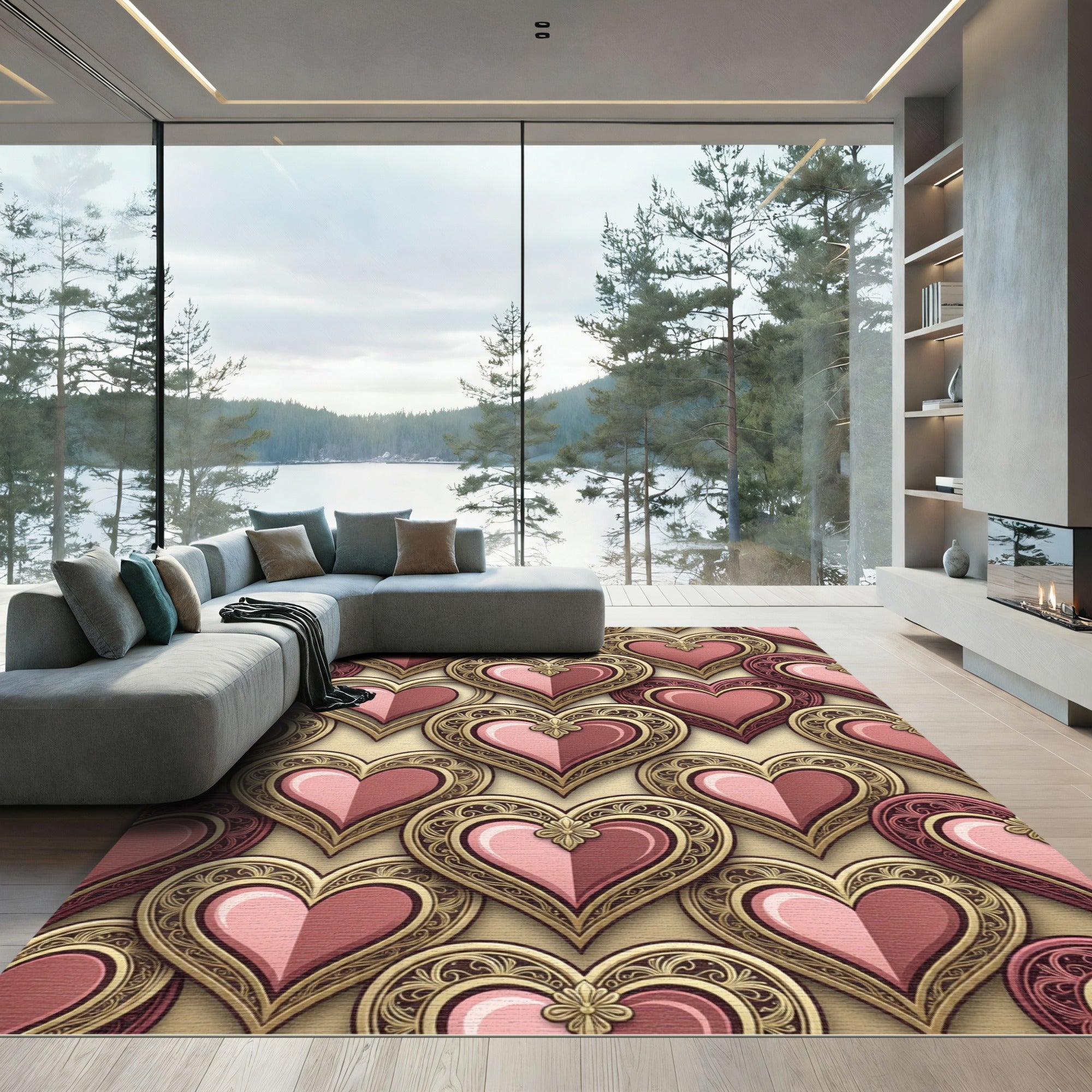 Ornate Pink Heart Emblem Rug