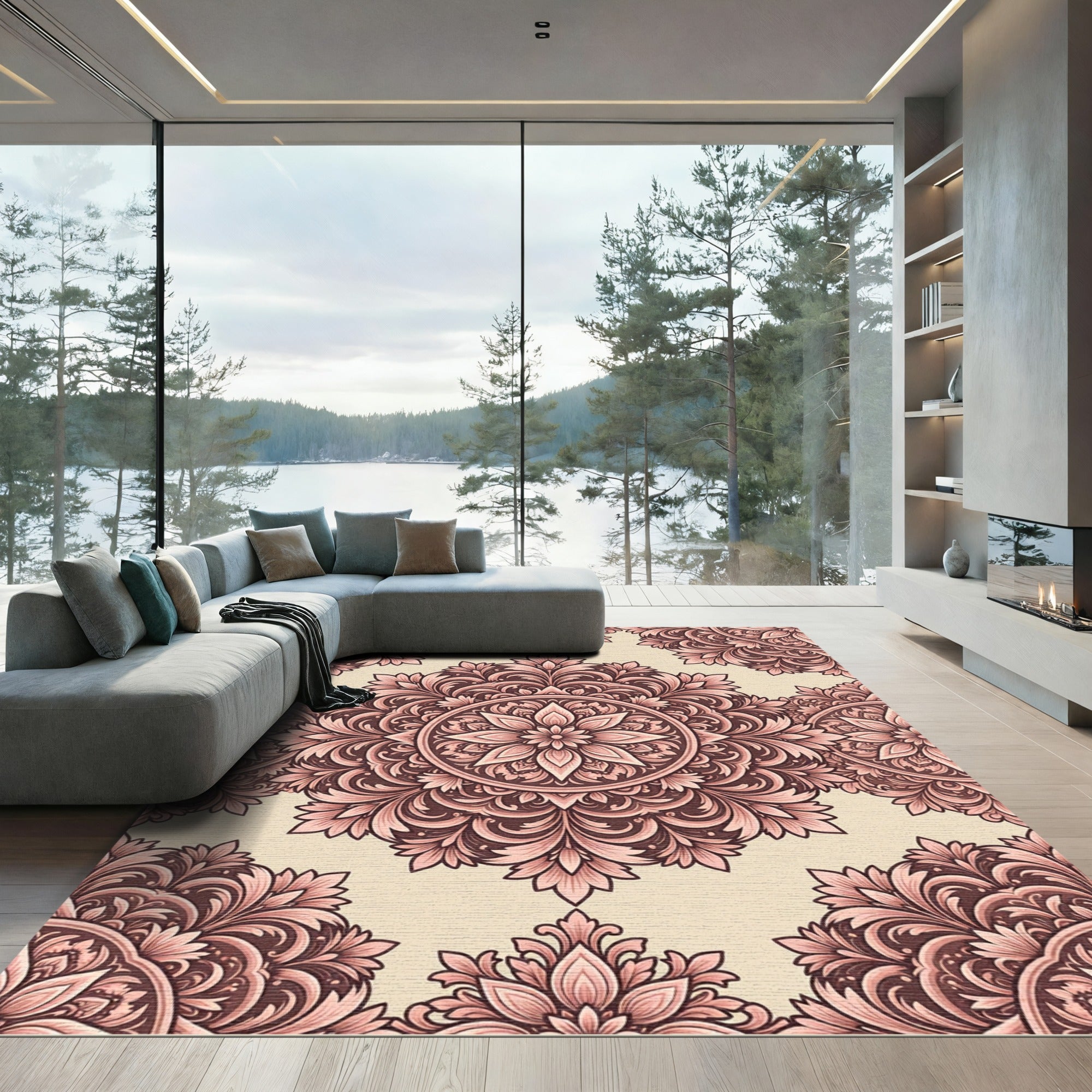Mauve Floral Scroll Mandala Rug