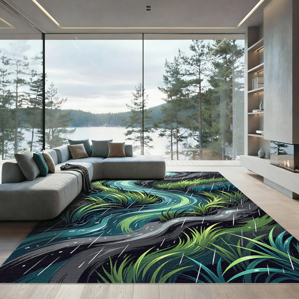 Serene Teal Rainwater Stream Flow Rug