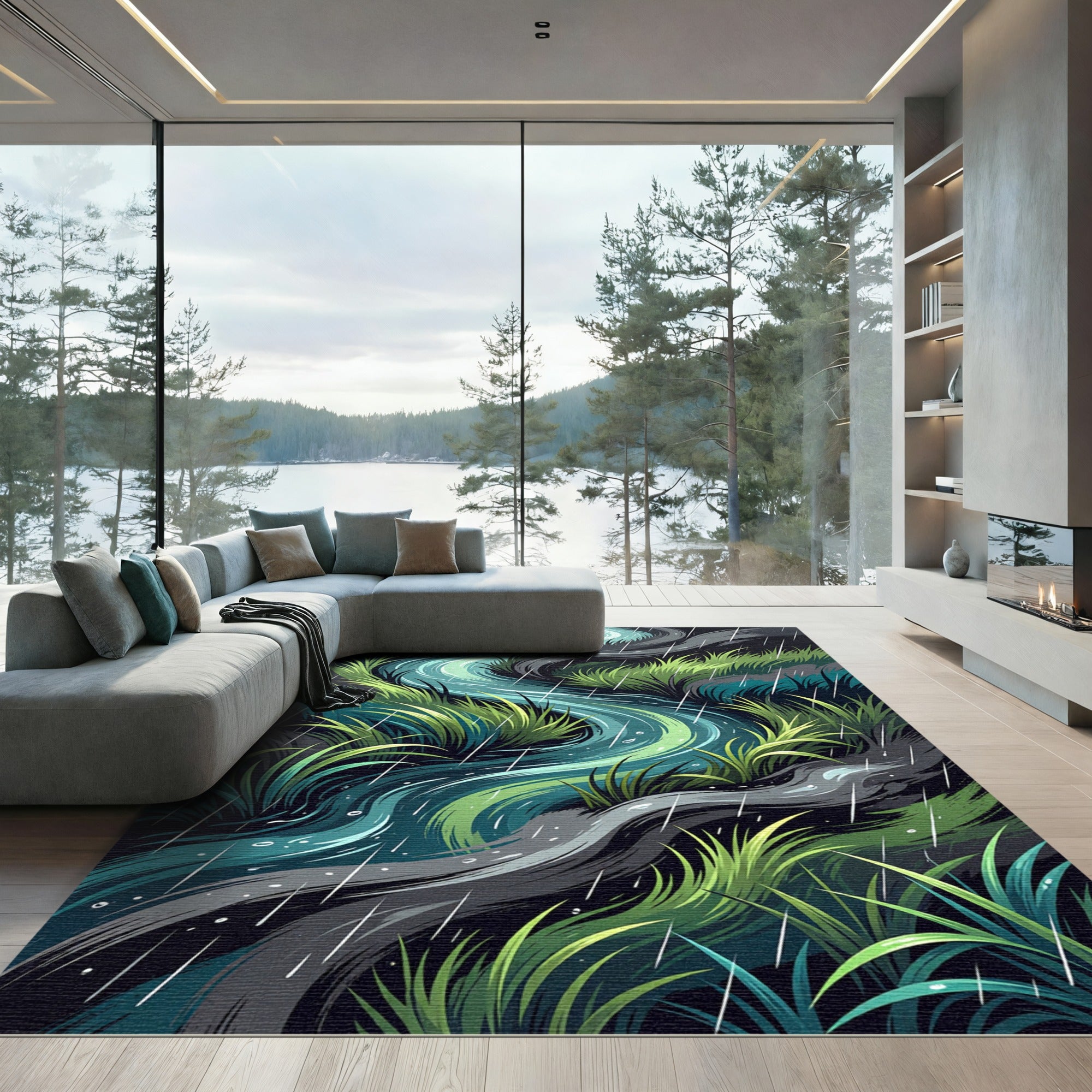 Serene Teal Rainwater Stream Flow Rug