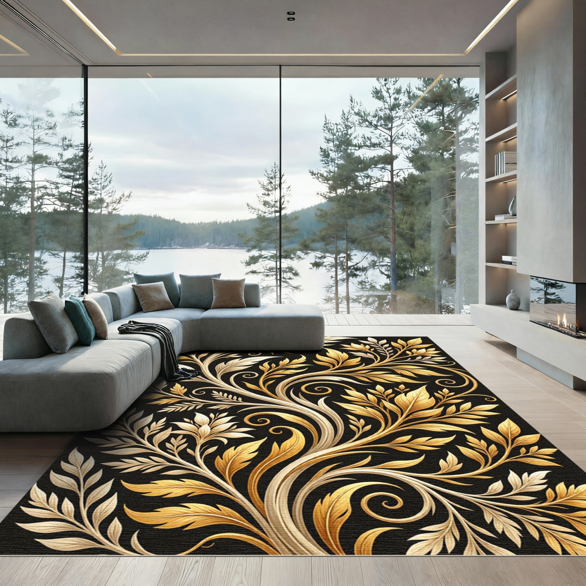 Elegant Golden Foliage Scroll Art Rug