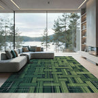 Green Woven Stripes Textured Grid Rug