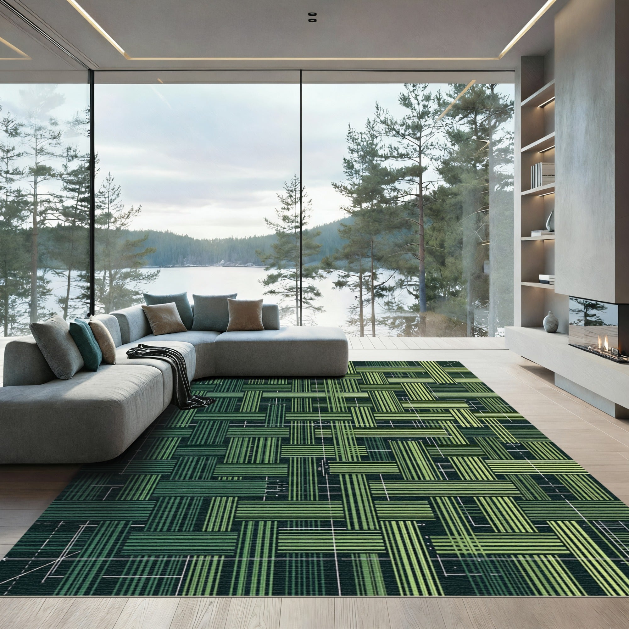Green Woven Stripes Textured Grid Rug