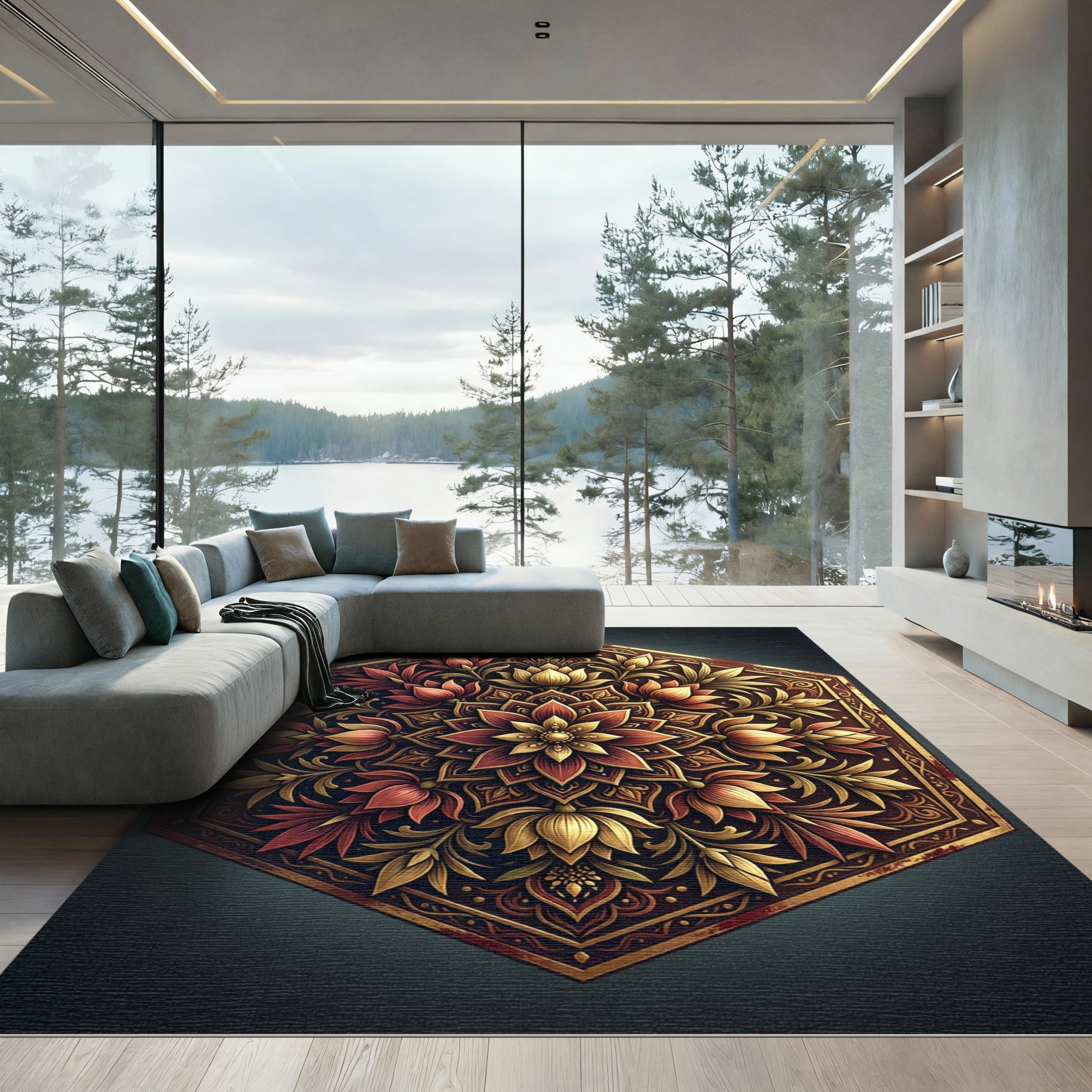 Elegant Gold and Crimson Hexagonal Floral Rug