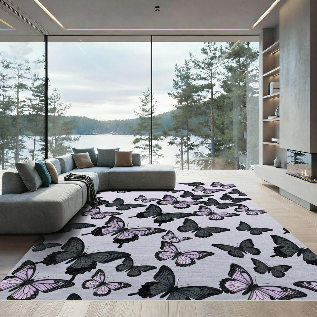 Whimsical Lavender and Charcoal Butterfly Meadow Rug