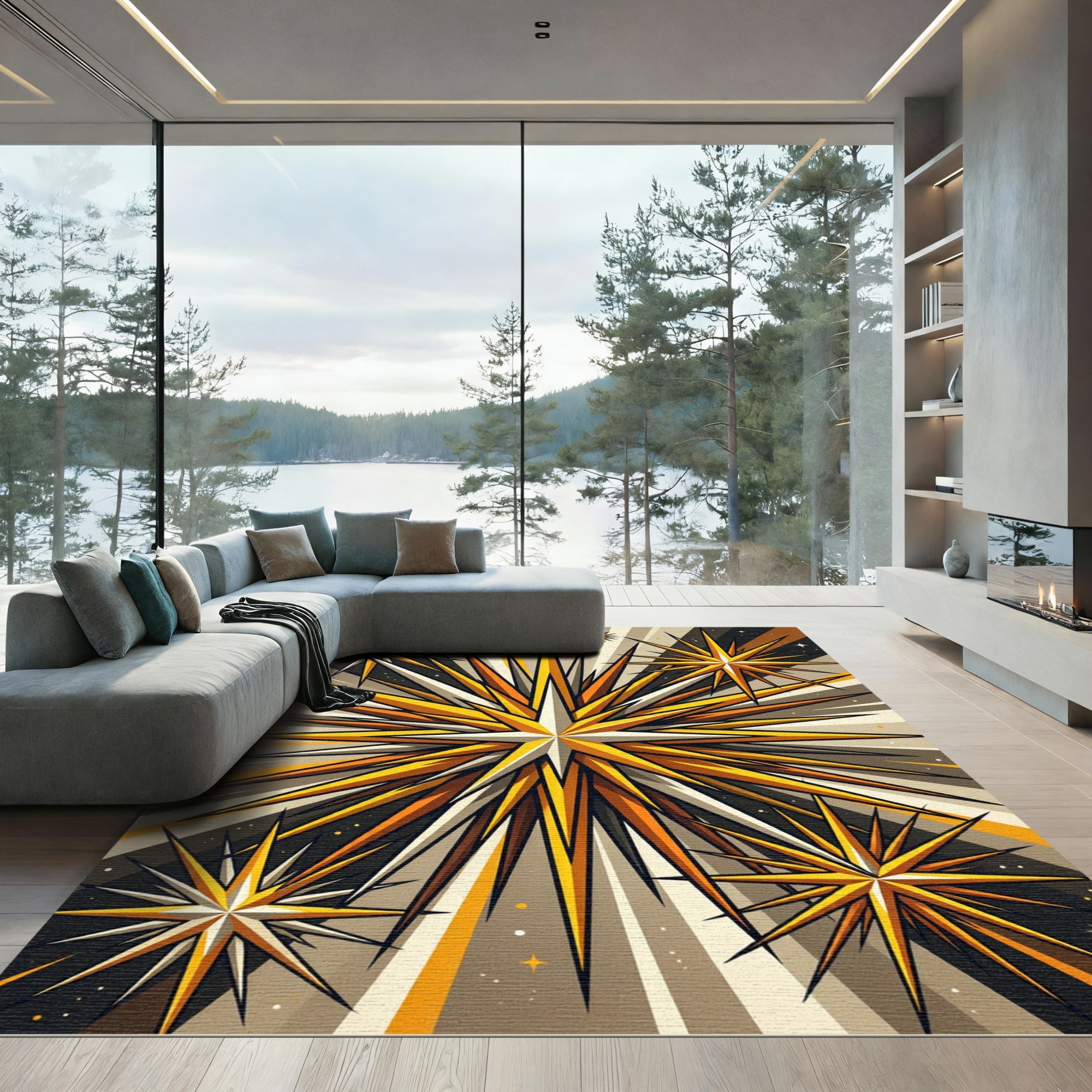 Radiant Gold Celestial Geometric Star Flare Rug