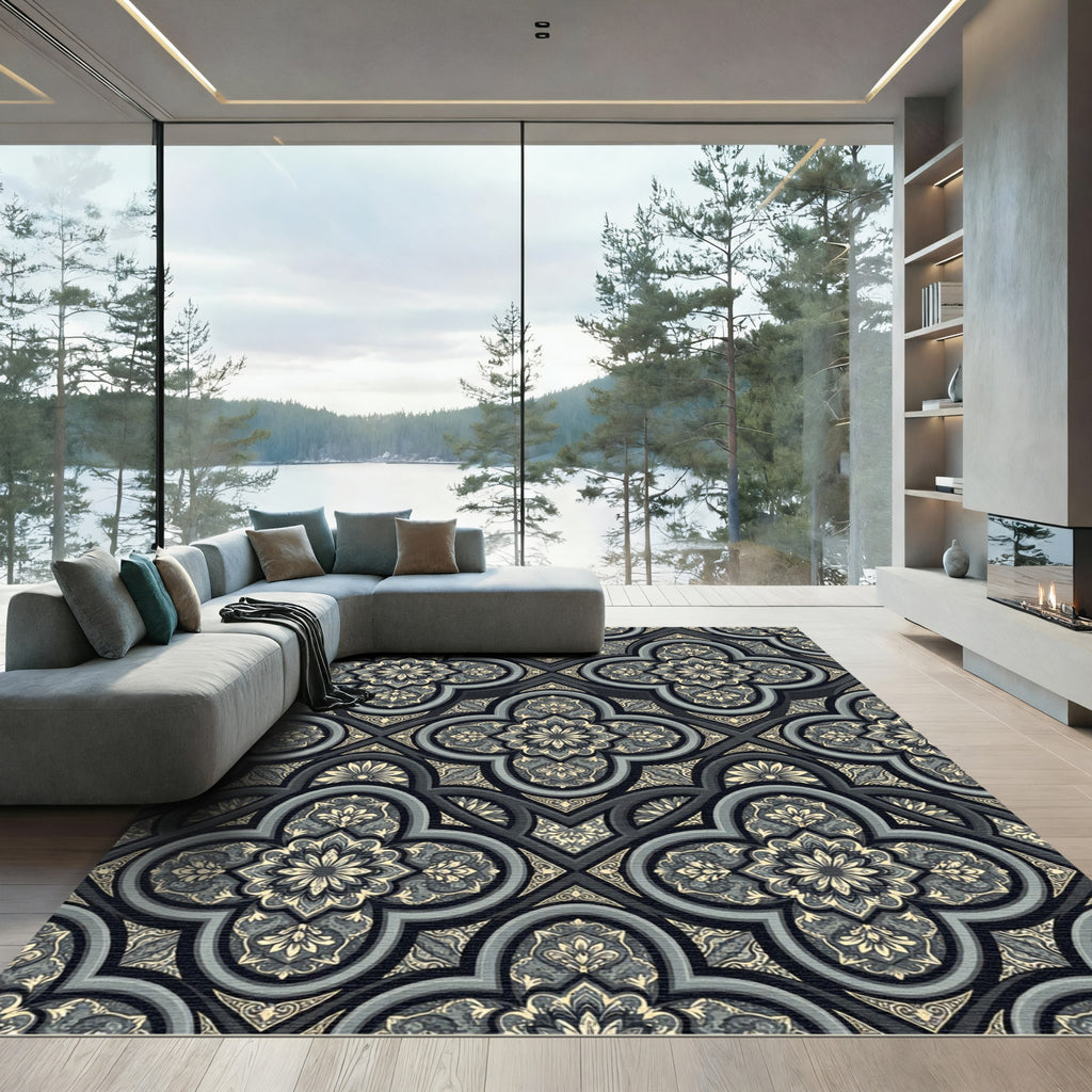 Elegant Slate Gray Damask Quatrefoil Rug