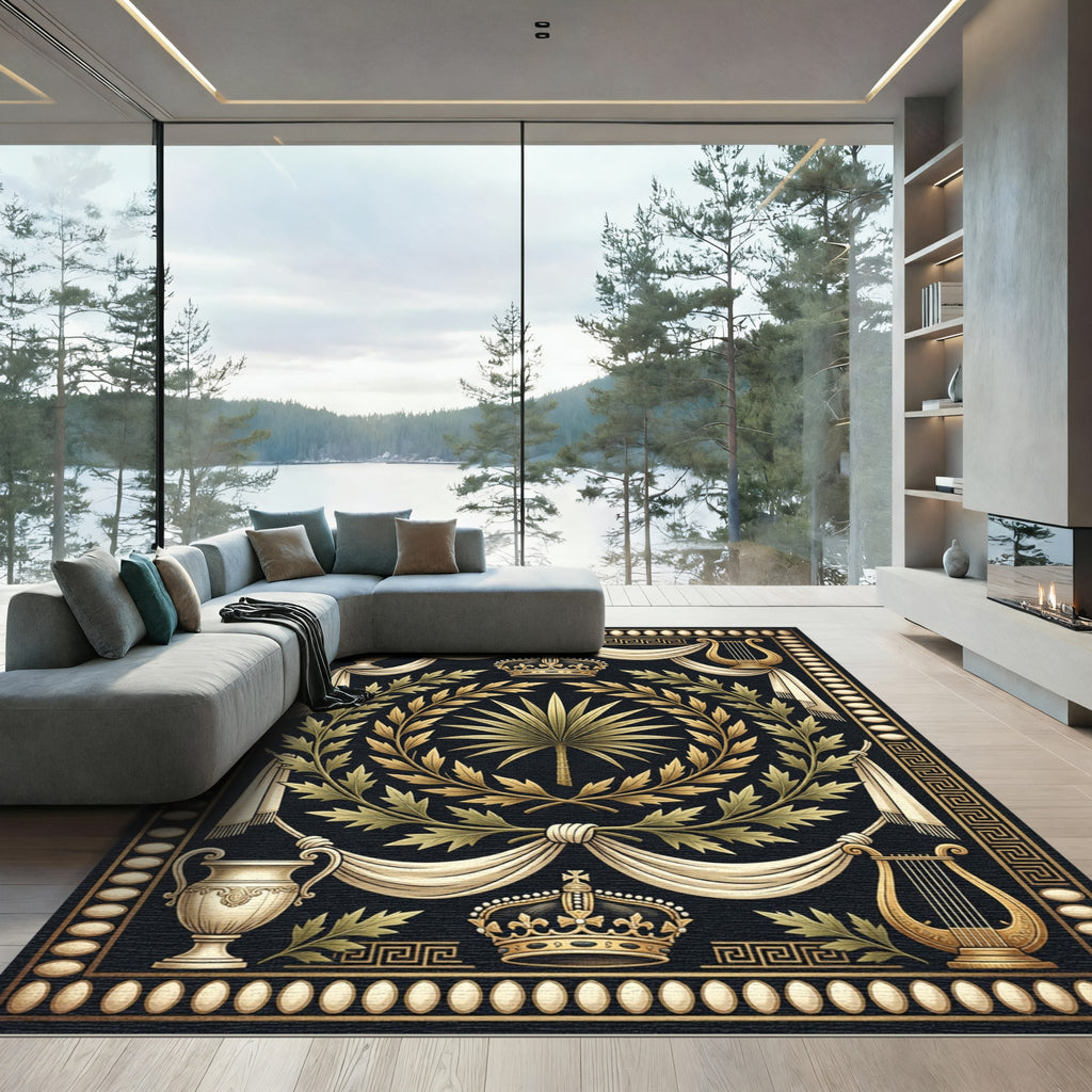 Neoclassical Gold Crown Laurel Palm Rug