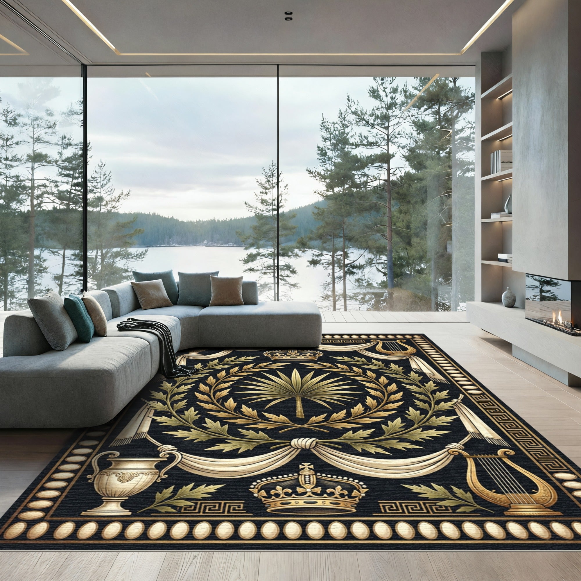 Neoclassical Gold Crown Laurel Palm Rug