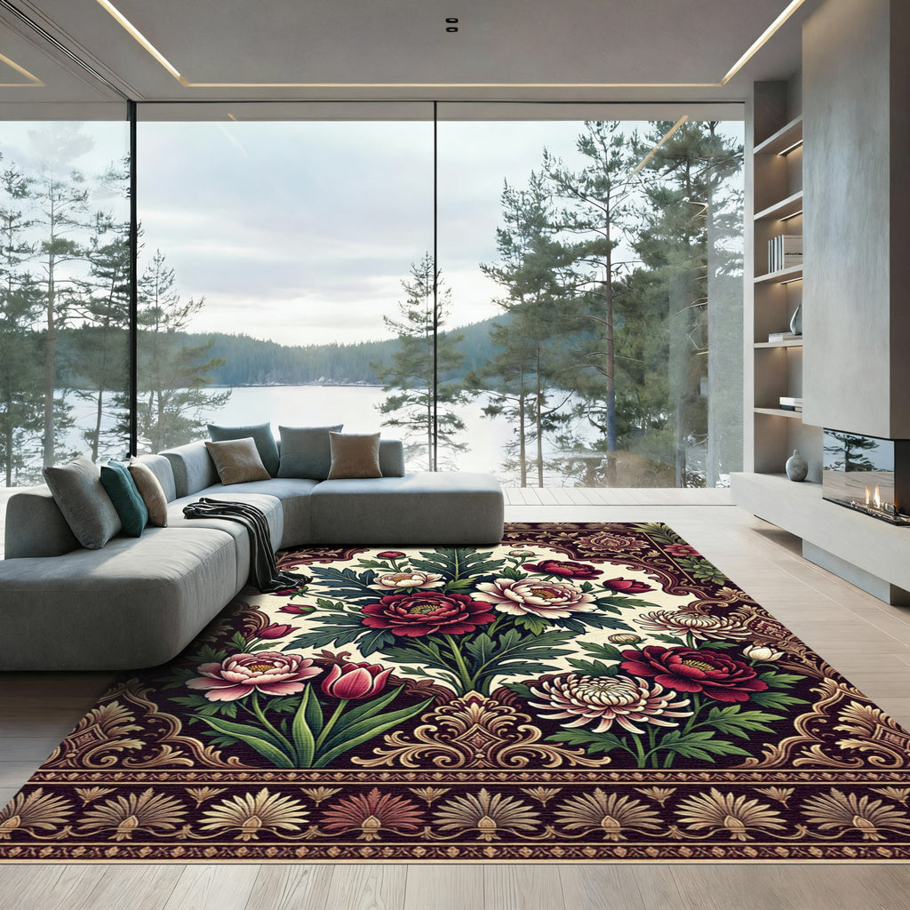 Rich Burgundy Floral Medallion Garden Rug