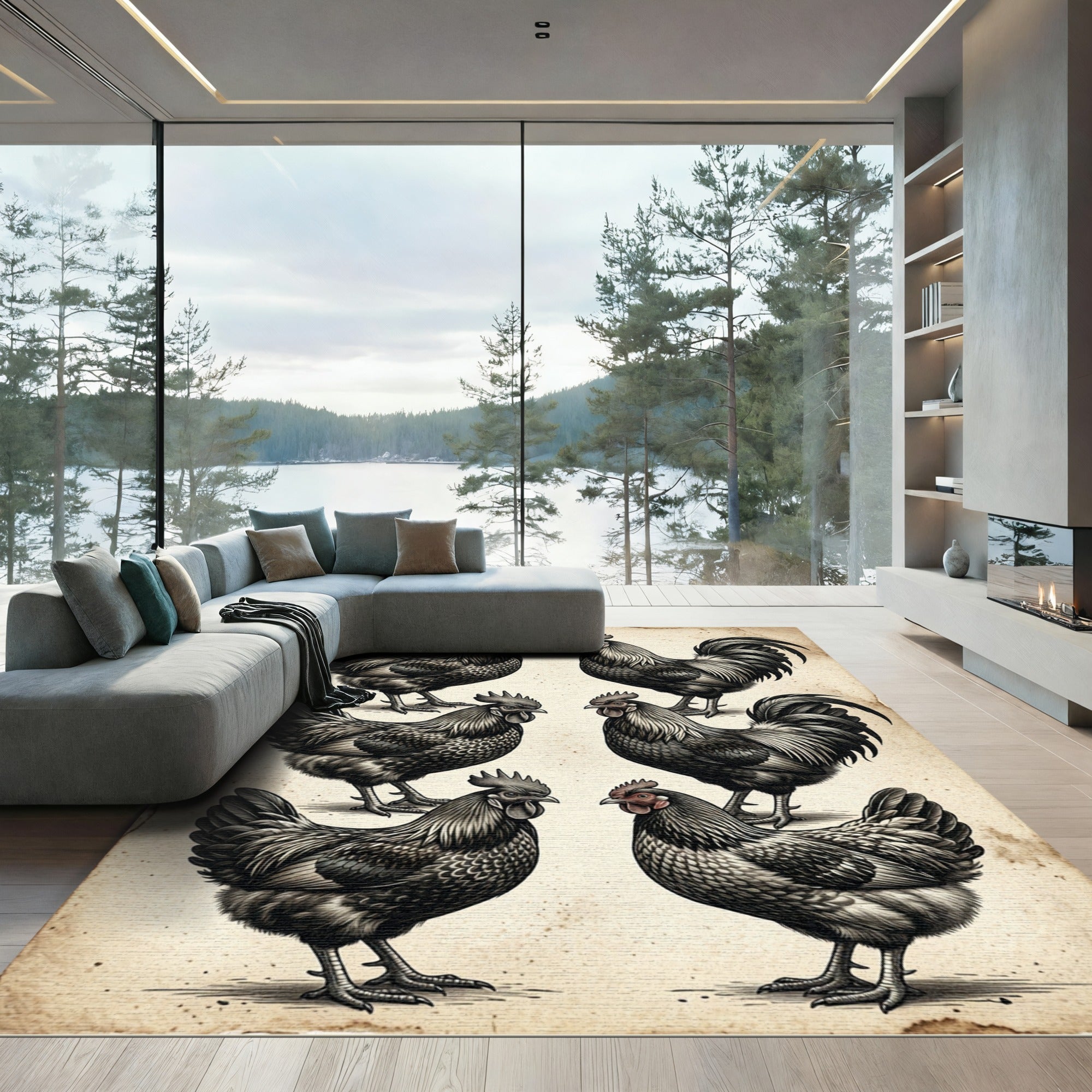 Monochromatic Rooster Farmhouse Sketch Art Rug