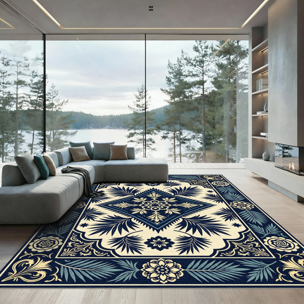 Dark Blue Cream Floral Laurel Border Rug