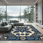 Dark Blue Cream Floral Laurel Border Rug