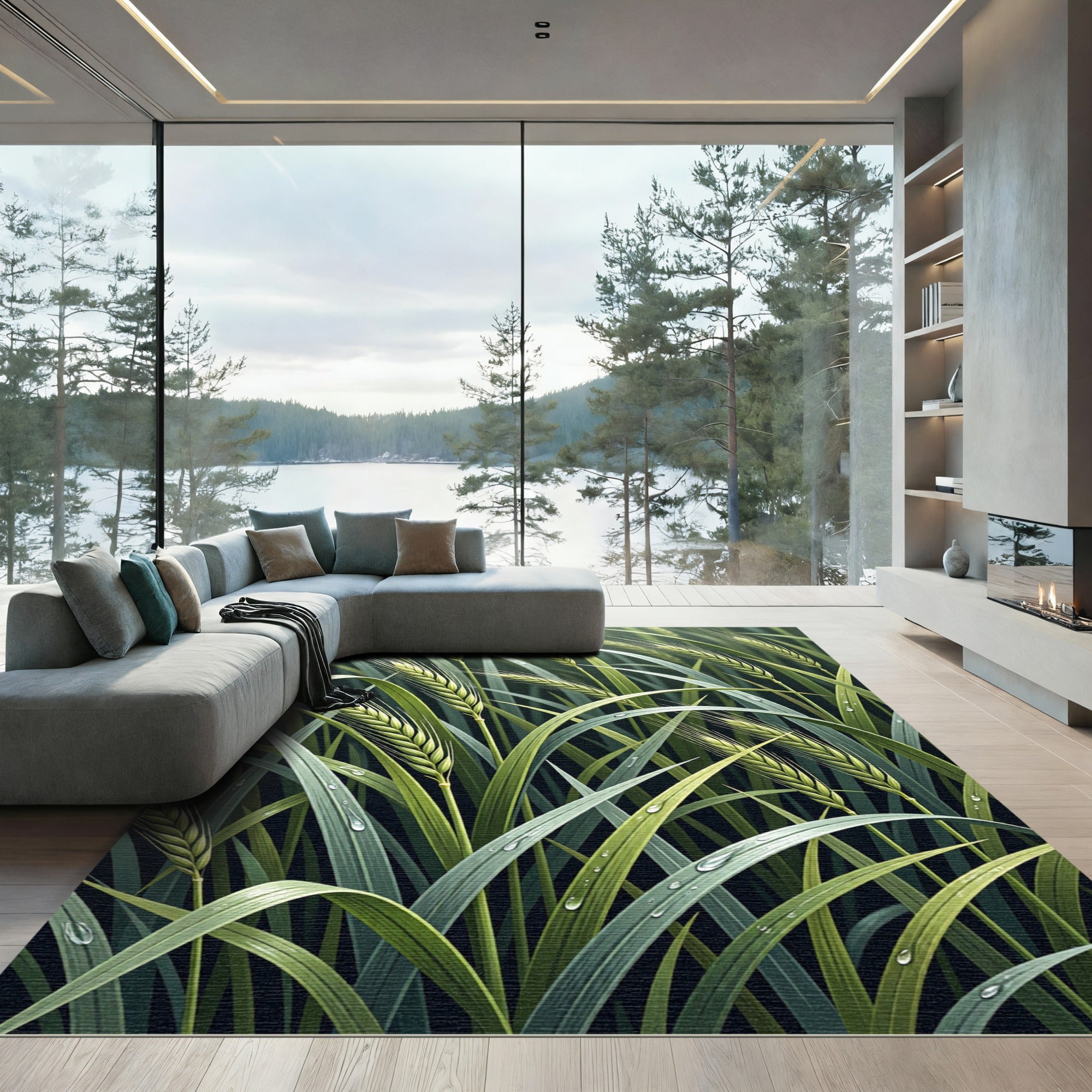 Lush Green Botanical Wheat Grass Rug