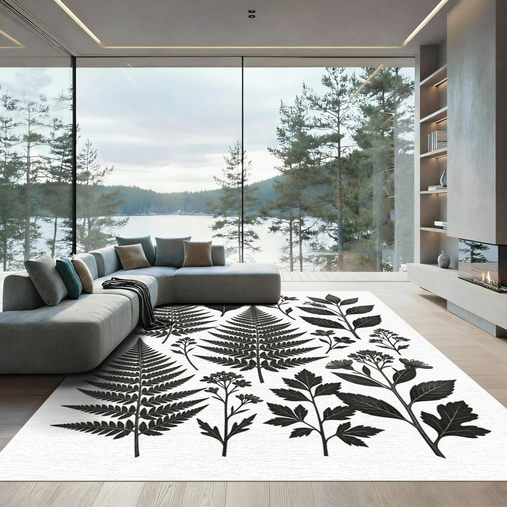 Monochrome Botanical Fern and Wildflower Illustration Rug