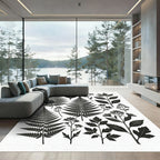 Monochrome Botanical Fern and Wildflower Illustration Rug