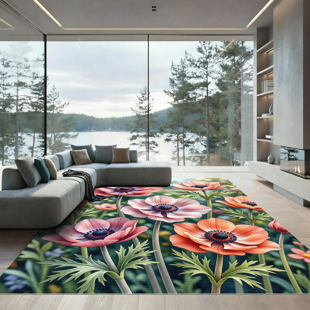 Soft Peach Anemone Floral Bloom Rug