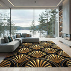 Art Deco Gold Shell Geometric Black Rug