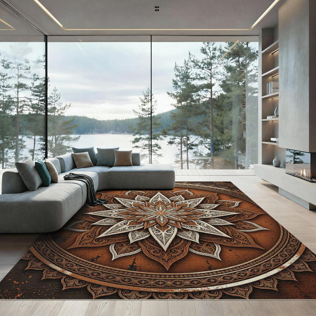 Intricate Ornate Bronze Floral Mandala Rug