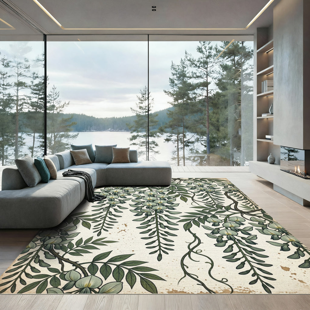 Cream Green Wisteria Floral Garland Rug