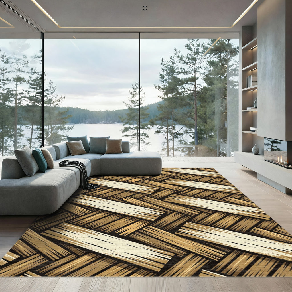 Golden Woven Wood Texture Rug