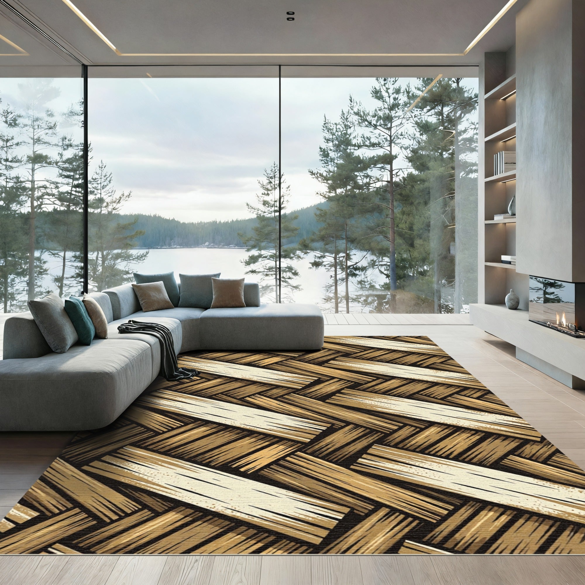 Golden Woven Wood Texture Rug