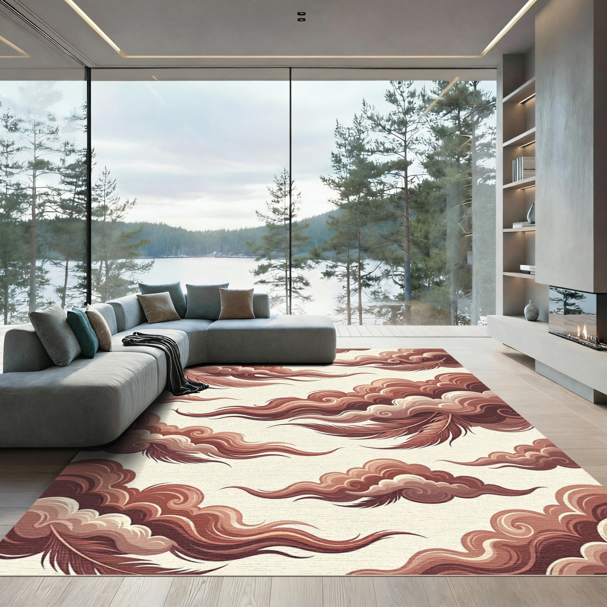 Ethereal Terracotta Cloud and Feather Art Rug
