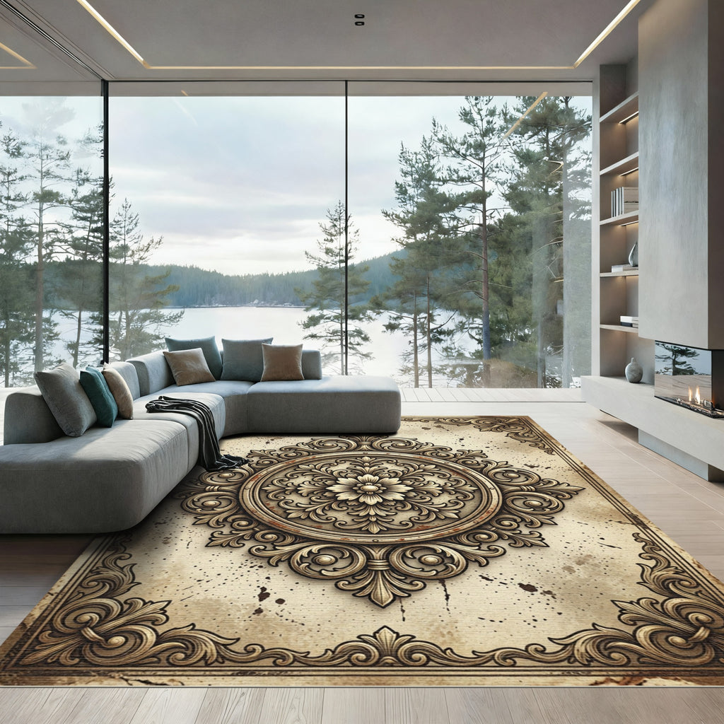 Ornate Golden Floral Scroll Medallion Rug