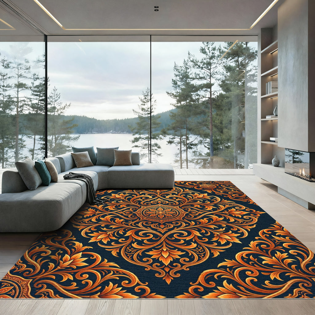 Ornate Amber Foliage Scroll Medallion Rug