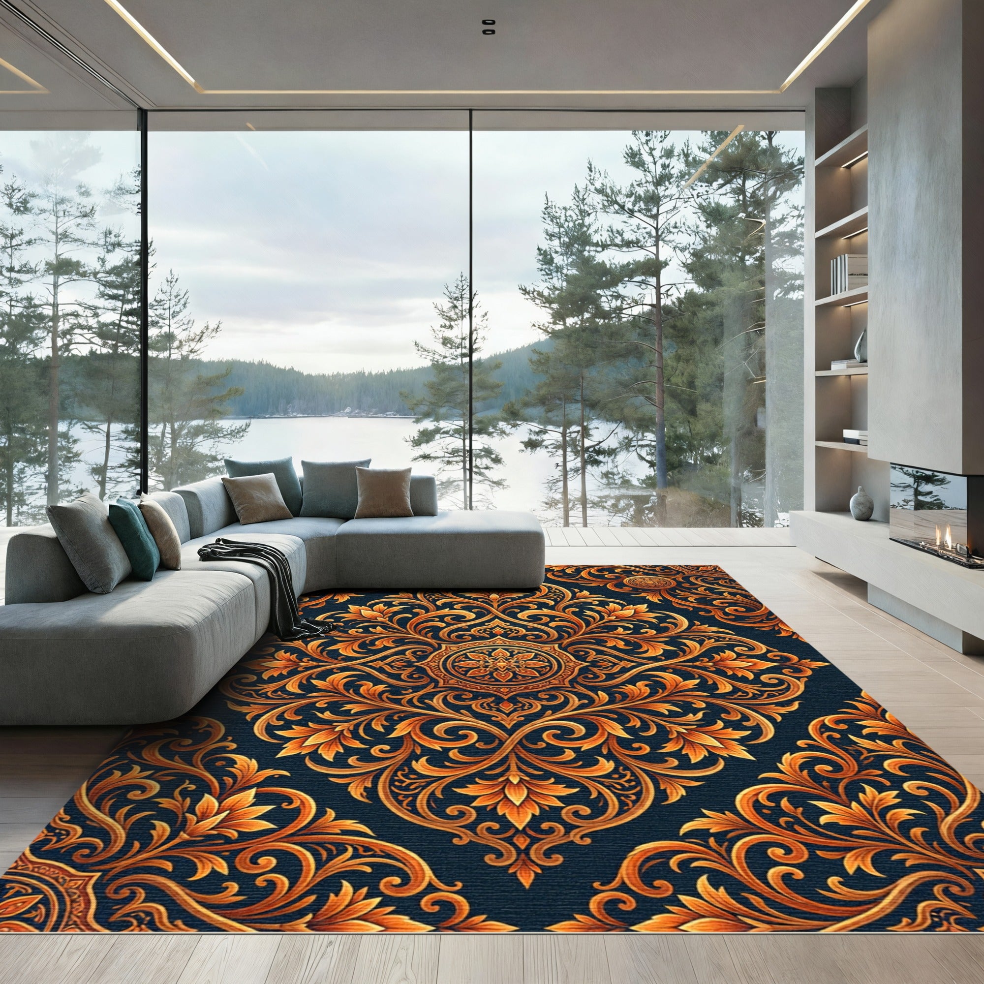 Ornate Amber Foliage Scroll Medallion Rug