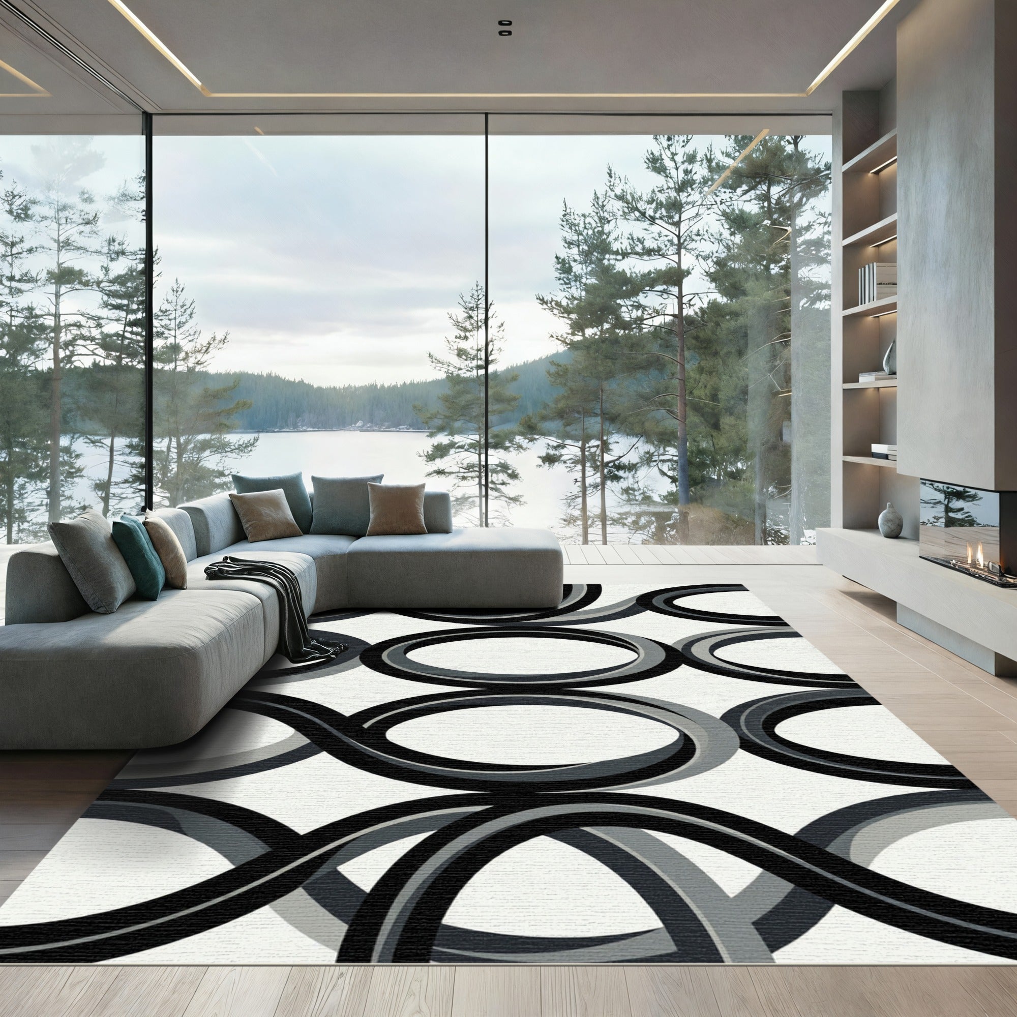 Black White Gray Interlocking Oval Rug