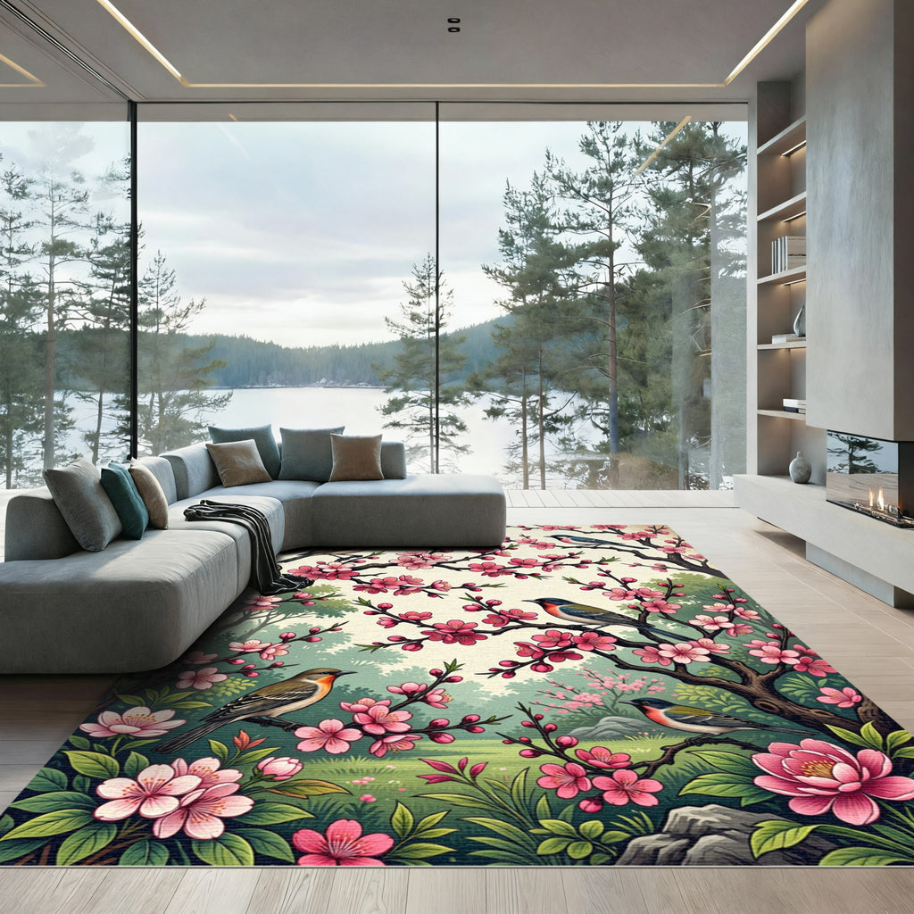 Pink Blossom Birds Enchanted Garden Rug