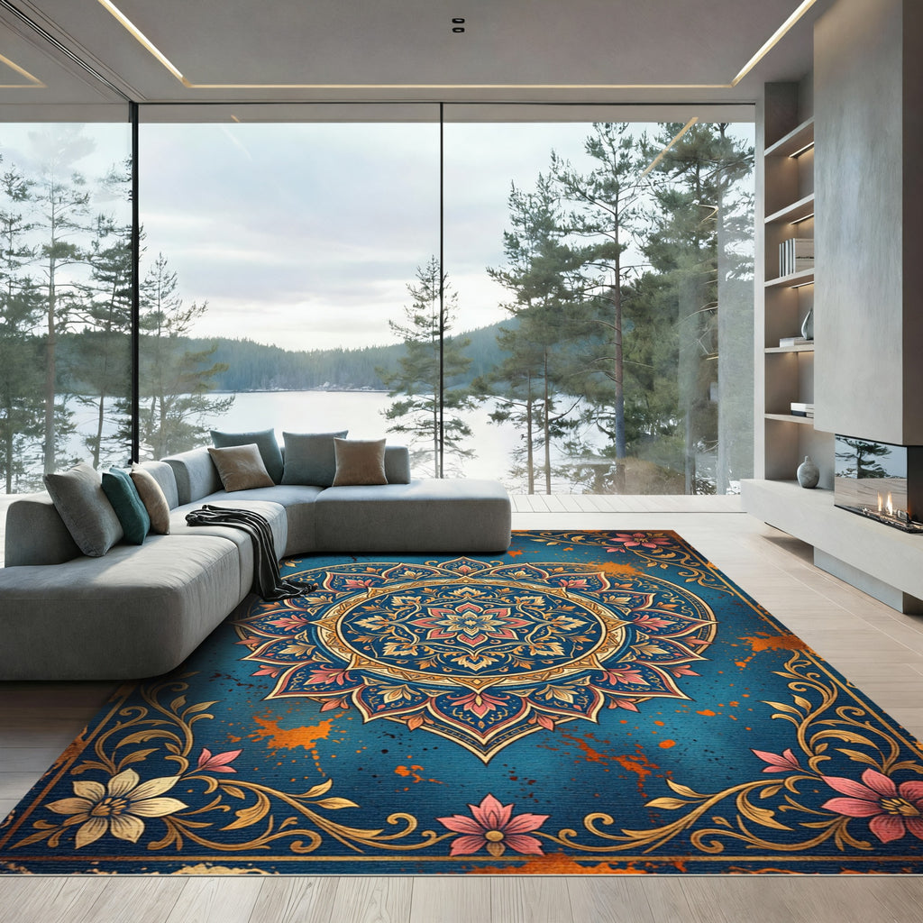 Vintage Teal Floral Heart Medallion Rug