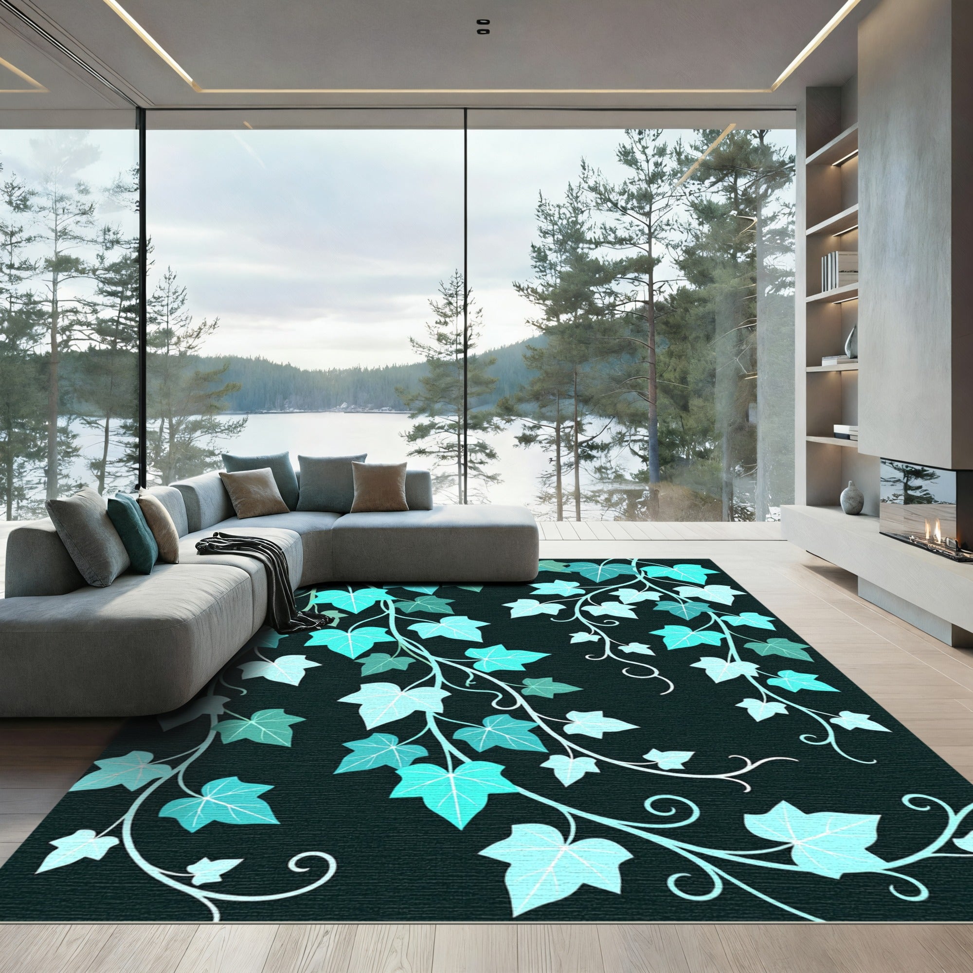 Cool Aqua Leafy Vine Cascade Rug