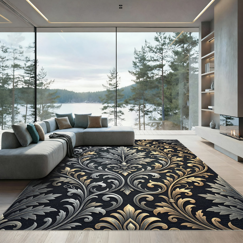 Baroque Gold Silver Leaf Scroll Rug