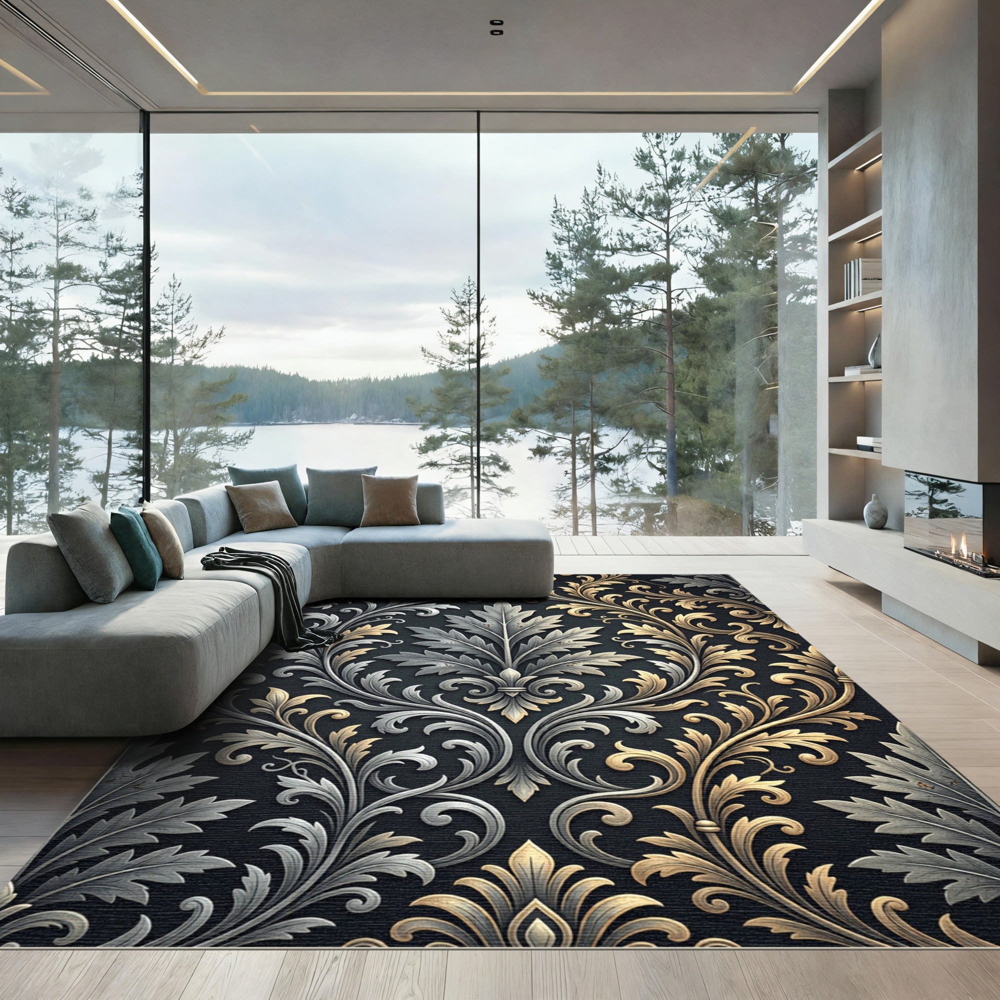 Baroque Gold Silver Leaf Scroll Rug